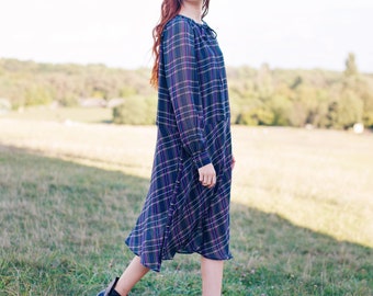 Tartan chiffon dress Plaid midi dress Boho style midi dress Loose fit dress Ukrainian brand Support Ukraine