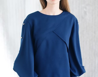 Puff-sleeved blouse Dark blue crepe blouse Feminine style top Designer blouse with voluminous sleeves