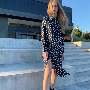 Polka dot shirt dress Natural fabric shirt dress Midi shirt dress Long sleeve casual dress Tie waist shirt dress Ukrainian designer brand
