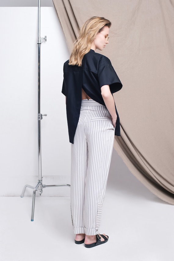 Black 100% cotton open back shirt Designer's top Black top Minimal fashion Geometric cut shirt Ukrainian designer Ukrainian brand