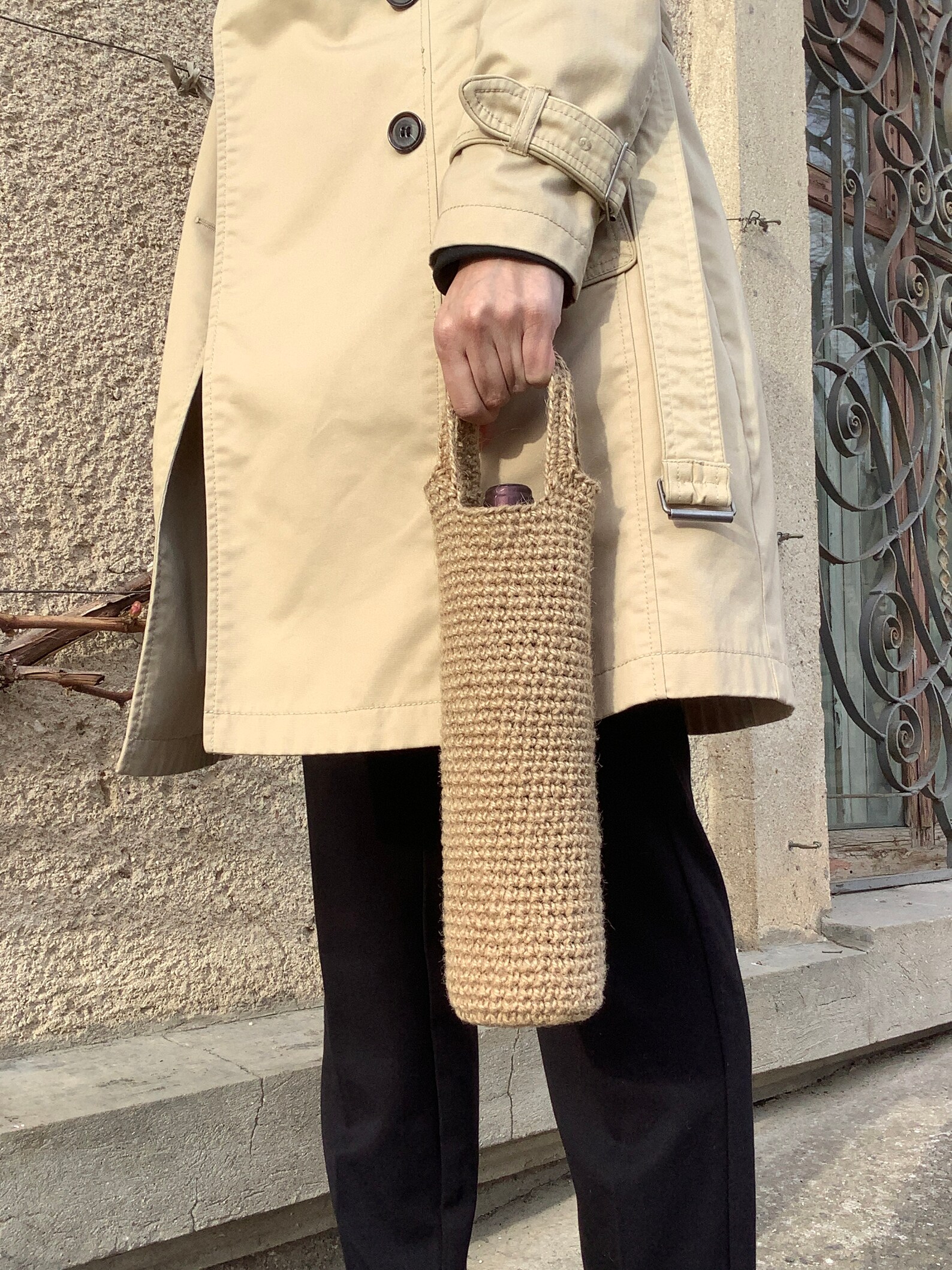 Weinflasche Netztasche Böhmisch - Handgestrickter Halter Aus Baumwollseil