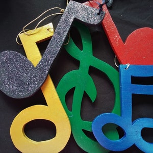 Music Note Christmas Hanging Ornaments * Wood-Cut Handcrafted 5 pc.