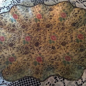 Vintage * Scalloped Paper Mache Tole Tray * Rose Flower
