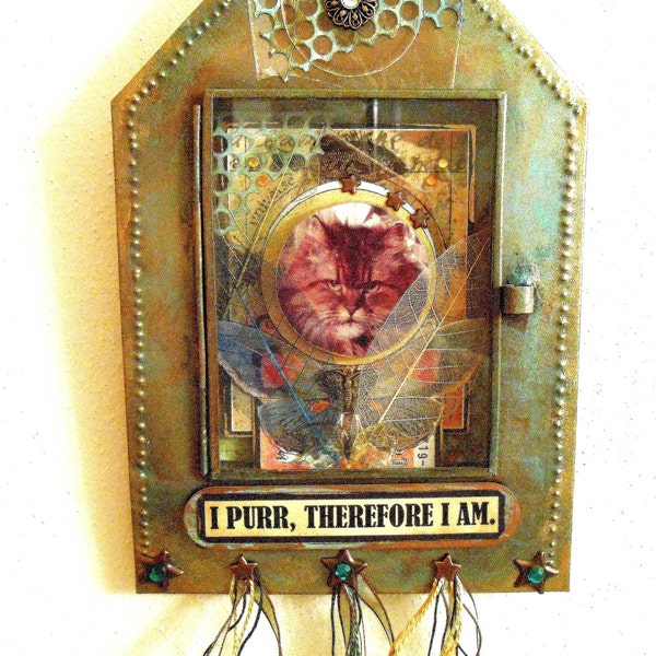 I PURR, THEREFORE I AM---Mexican Nicho Mixed Media Wall Hanging, Cat Theme, Patina Finish