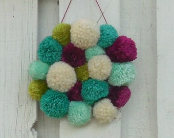 Pom Pom Wall Hanging, Pom Pom Decor, Wall Decor, Nursery Decor, Gift For Her, Dorm Room Decor, Bohemian Decor, Boho Decor, Textile Art