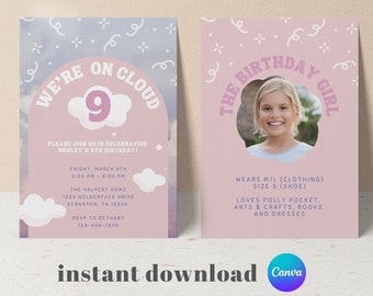 9th Birthday Invitation, Cloud 9 Birthday, Girls Ninth Birthday, Pastel Birthday, Girl Birthday | EDITABLE, INSTANT DOWNLOAD