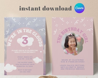 In the Clouds Birthday Invitation, Pastel Birthday, Little Girl Birthday | EDITABLE, INSTANT DOWNLOAD