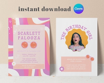 Festival Birthday Invitation: Groovy Hippie Girl Party (Editable, Instant Download)