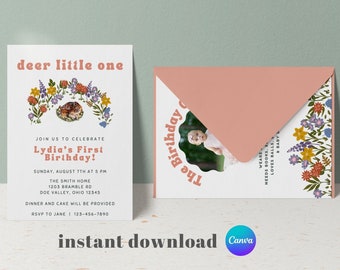 Woodland Erste Geburtstagseinladung: Reh Little One, bearbeitbare Vorlage (Instant Download)