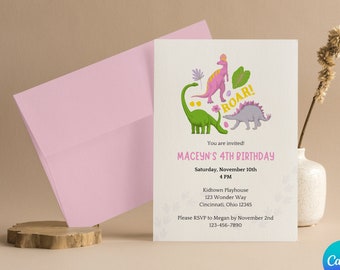 Dinosaurier Geburtstagseinladung, Mädchen Dino Party, DinoRoar Geburtstag, Jurassic Bday Thema | EDITIERBAR, SOFORTIGER DOWNLOAD