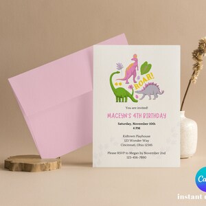 Dinosaur Birthday Invitation, Girls Dino Party, DinoRoar Birthday, Jurassic Bday Theme | EDITABLE, INSTANT DOWNLOAD