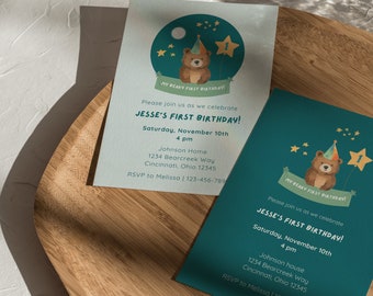 Bären Einladung zum 1. Geburtstag: Woodland Theme (EDITIERBAR, Instant Download)