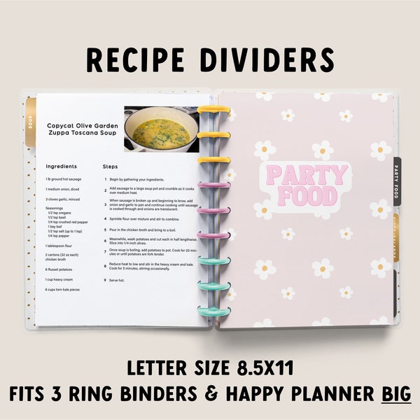 Recipe Dividers | 18 Categories | fits standard binder Happy Planner Classic & Big | Colorful