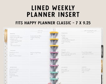 Lined Weekly Planner | Undated Weekly Planner Insert | 7x9.25 Discbound Horizontal Layout | Happy Planner Classic
