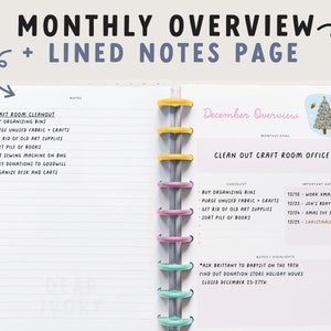 May include: A planner with a monthly overview and lined notes page. The planner includes sections for November and December, with handwritten lists and notes. Text includes "Monthly Overview + Lined Notes Page" and "Craft Room Cleanout."