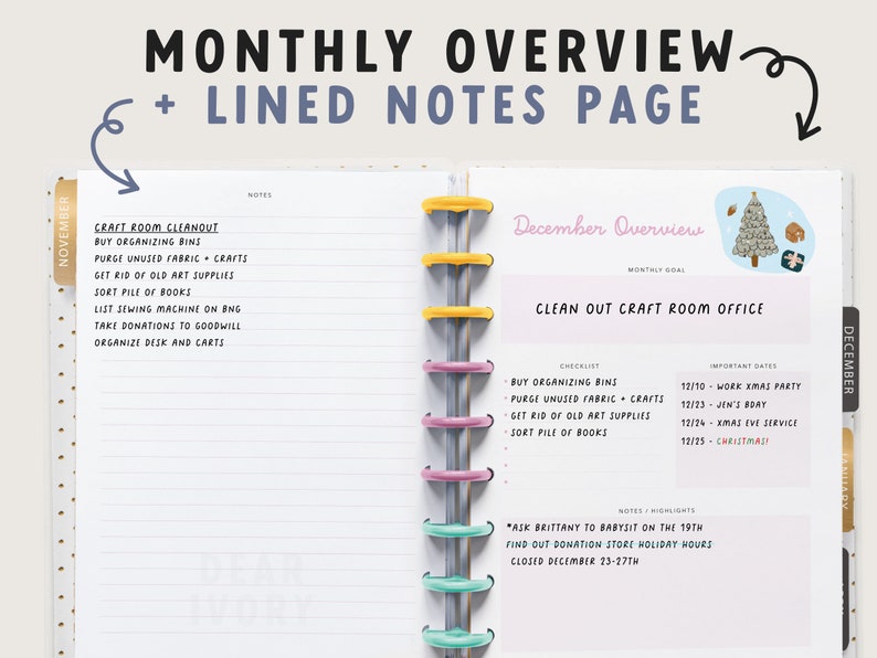 May include: A planner with a monthly overview and lined notes page. The planner includes sections for November and December, with handwritten lists and notes. Text includes "Monthly Overview + Lined Notes Page" and "Craft Room Cleanout."