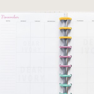 May include: A planner open to a November monthly spread. The page is white with a pink "November" header and a grid for daily planning. The planner has colorful disc binding and a gold polka dot cover.