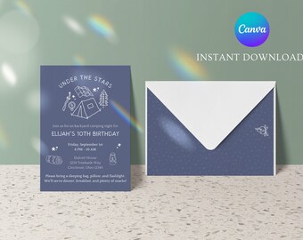 Camping Geburtstagseinladung: Unter den Sternen Sleepover, bearbeitbare Canva Vorlage (Sofortdownload)