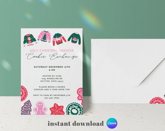 Christmas Cookie Exchange Party Invitation, Ugly Sweater Party, Christmas Party Editable Invitation | EDITABLE, INSTANT DOWNLOAD