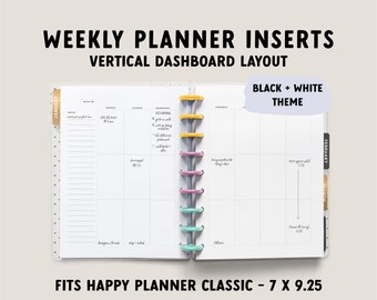 Black + White Weekly Planner | Undated Weekly Planner Insert | 7x9.25 Discbound Vertical Happy Planner Classic | Minimal Black and White