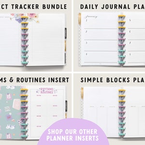 May include: A collection of planner inserts, including a project tracker, daily journal, rhythms & routines insert, and simple blocks planner. Each insert is bound with colorful disc binding and features different layouts and designs. The text "SHOP OUR OTHER PLANNER INSERTS" is visible.