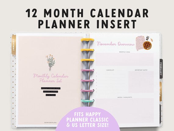 Monthly Calendar Planner Inserts: Happy Planner Classic, US Letter (Digital Download)