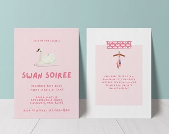 Swan Lake Ballerina Invitation, Girls Ballerina Birthday, Swan Soiree Birthday Invite | Canva, EDITABLE, INSTANT DOWNLOAD