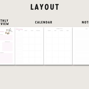 May include: A planner layout with the word "LAYOUT" at the top. The layout includes sections for a monthly overview, calendar, and notes. The monthly overview section has the text "January Overview" and a space for goals and notes. The calendar section is for the month of January.