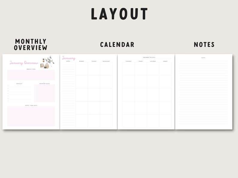May include: A planner layout with the word "LAYOUT" at the top. The layout includes sections for a monthly overview, calendar, and notes. The monthly overview section has the text "January Overview" and a space for goals and notes. The calendar section is for the month of January.