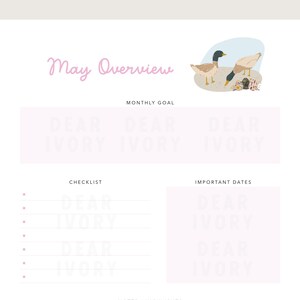 May include: A light pink planner page with the text "May Overview" in a cursive font. The page includes sections for monthly goals, a checklist, and important dates. A small illustration of ducks is in the upper right corner.