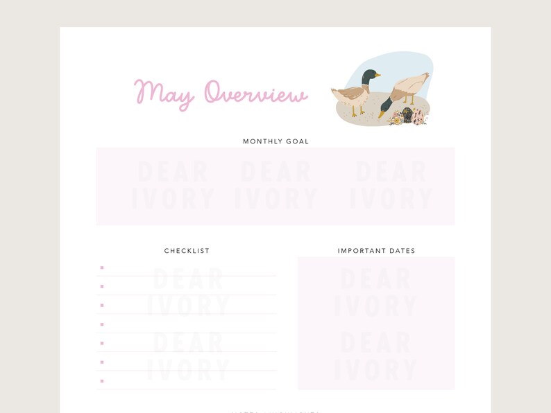 May include: A light pink planner page with the text "May Overview" in a cursive font. The page includes sections for monthly goals, a checklist, and important dates. A small illustration of ducks is in the upper right corner.