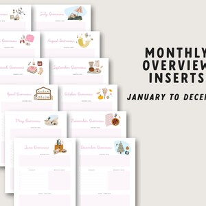 May include: A collection of pink and white monthly overview inserts, each with a unique illustration. The inserts are labeled from January to December, with the text "MONTHLY OVERVIEW INSERTS JANUARY TO DECEMBER" in bold black font.