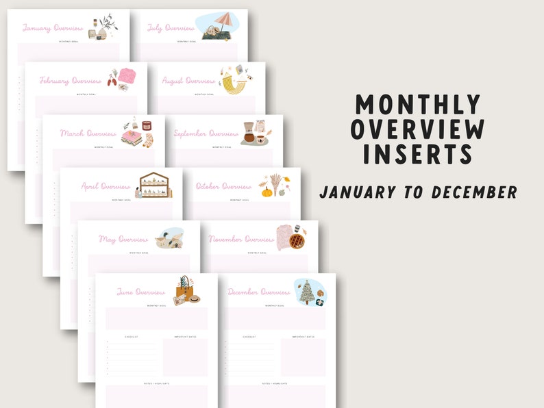 May include: A collection of pink and white monthly overview inserts, each with a unique illustration. The inserts are labeled from January to December, with the text "MONTHLY OVERVIEW INSERTS JANUARY TO DECEMBER" in bold black font.