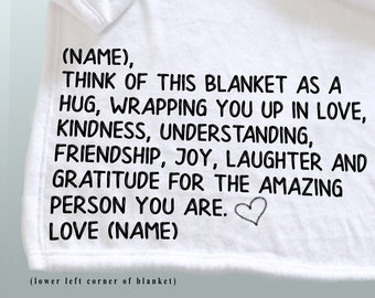 Think of this blanket as wrapping you up in a hug, Personalized throw blanket, Sending hugs at Christmas, sending a blanket with a message