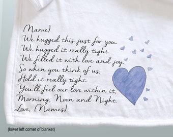 Personalized throw blanket, we hugged this blanket tight, missing you gift, hug, personalized Mother's Day Gift, Grandparents, blue hearts