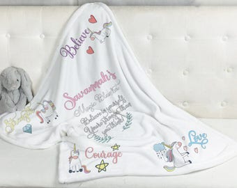 Personalized Magical Powers Unicorn Blanket for girls needing special comfort, inspiration, belief in themselves and hope...