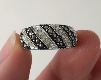 Vintage 925 Sterling Silver Marcasite and Crystal Diagonal Banded Domed Ladies Statement Ring