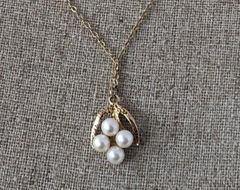 Vintage British Hallmarked 9K Yellow Gold Pearl Cluster Pendant Necklace