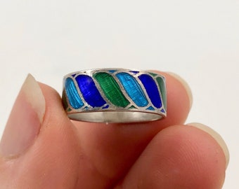 Vintage Mid Century Scandinavian Style Turquoise Cobalt Blue Green Enamel Sterling Silver Band Ring Stamped Alpha