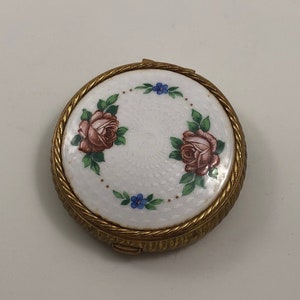 Vintage 1930s Gold Tone Guilloche Enamel Rose Decorated Compact