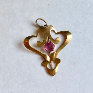 Antique Art Nouveau 9K Gold Pink Stone Lavalier Pendant for Necklace