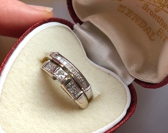 Vintage Art Deco Style 14K White Gold Square Princess Cup Diamond Engagement and Wedding Bridal Set