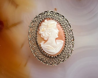 Colgante vintage de camafeo de concha tallada en plata de ley para collar y broche