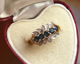 Vintage Mid Century 14K Gold Sapphire and Diamond Ladies Cocktail Ring