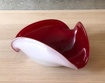 Vintage Mid Century Murano Italian Red White Opaline Cased Art Glass Bowl