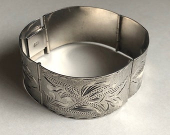 Vintage Wide Engraved Matte Sterling Silver Engraved Panel Bracelet