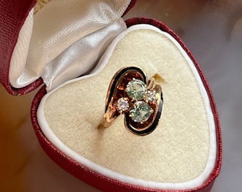 Vintage Mid Century 10K Yellow and Rose Gold Black Enamel Aquamarine Ladies Cocktail Dinner Statement Ring