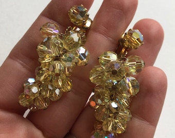 Vintage Mid Century Jonquil Yellow Austrian Crystal Cluster Drop Dangle Chandelier Clip on Earrings