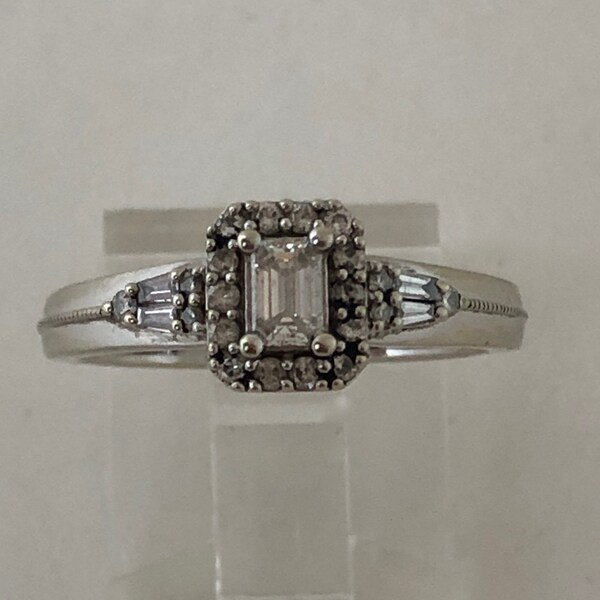 Vintage Art Deco Style 10K White Gold Perfect Fit Emerald Cut Diamond Engagement Ring