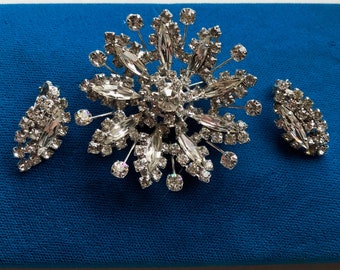 Sparkling Vintage Mid Century Crystal Rhinestone Snowflake Brooch and Clip on Earrings